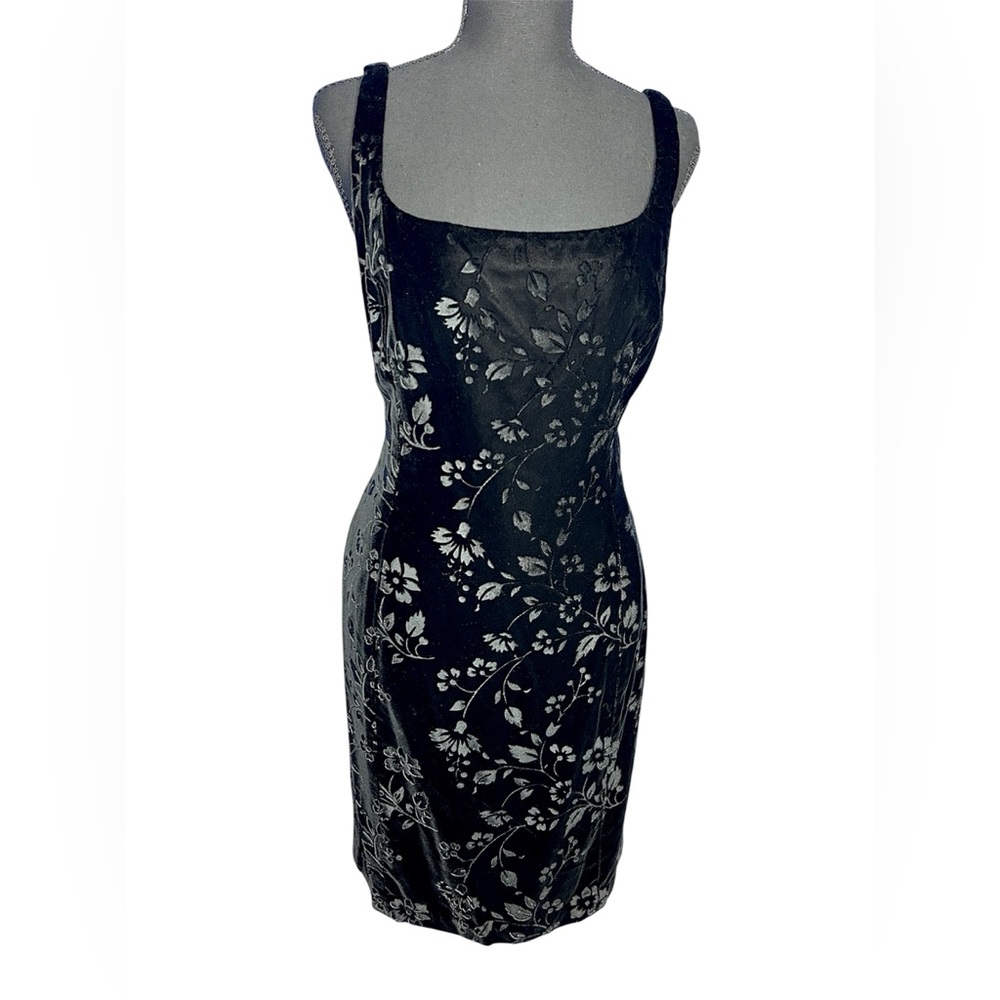 Women's Vintage Blk Velvet Burnout Floral Slip Mini Dress - M Y2K 90s Whimsygoth